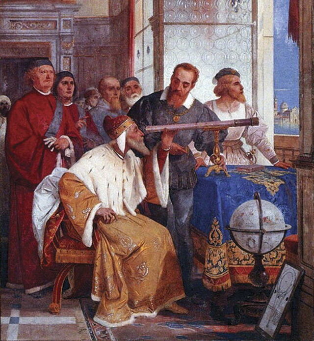 Galileo Galilei zeigt wie sein starkes Teleskop verwendet wird