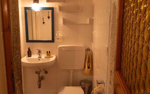 Podere Il Doccio: Bad Sink, Badezimmer, Wand, Armatur, Interior Design, Sinken, Spiegel, Toilleten Sitz, Zapfhahn, Installation