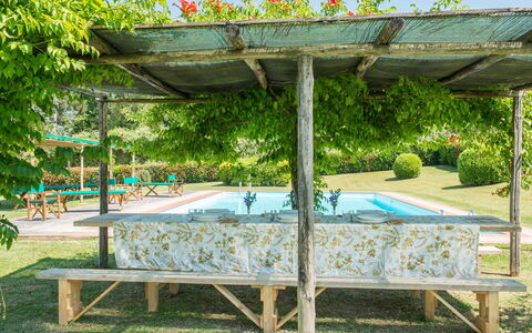 Villa Le Volte: Überdachung, Pergola, Möbel, Botanik, Gras, Pavillon, Schatten, Tabelle, Baum, Garten