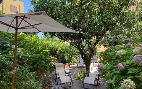 Casa Mary - Levanto: Grün, Möbel, Regenschirm, Gartenmöbel, Strauch, Stuhl, Blumentopf, Garten, Schatten