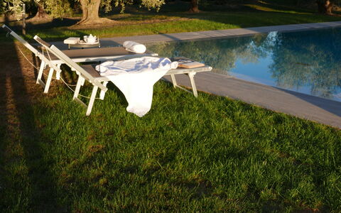 Agriturismo La Pieve: Gartenmöbel, Möbel, Tabelle, Tisch Im Freien, Gras, Sonnenliege, Baum, Schwimmbad, Die Architektur, Hinterhof