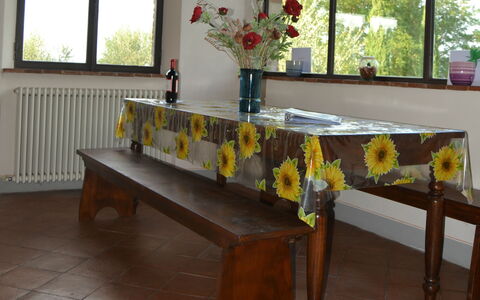 Villa Cafaggiola: Möbel, Tabelle, Zimmer, Tischdecke, Fussboden, Rechteck, Textil, Flooring, Küche & Esszimmer Tisch, Linens