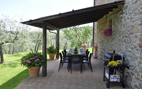 Villa Claudia: Pflanze, Blume, Blumentopf, Stuhl, Schatten, Tabelle, Baum, Himmel, Gebäude, Freizeit