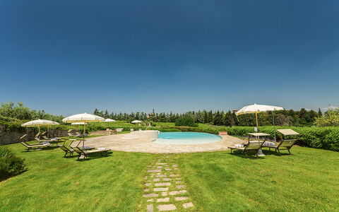 Villa Sole Del Chianti: Pflanze, Himmel, Wasser, Eigentum, Baum, Azurblau, Natürliche Landschaft, Schwimmbad, Grundstueck, Gartenmöbel