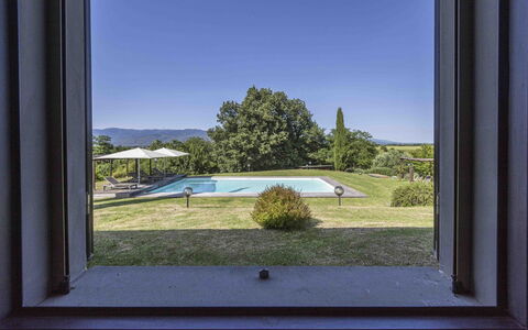 Villa Dell'acquaborra: Grundstueck, Schatten, Garten, Rasen, Landscaping, Schwimmbad, Bauernhaus, Hinterhof