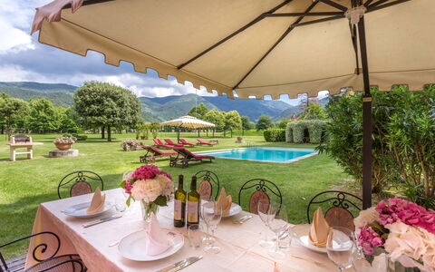 Villa Guasperini: Blume, Pflanze, Tabelle, Wasser, Eigentum, Möbel, Geschirr, Regenschirm, Stuhl, Gartenmöbel