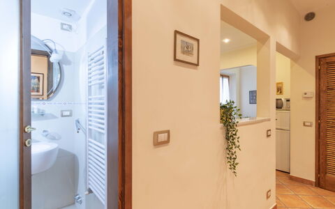 Vintage Apartment in Florence: Spiegel, Sinken, Pflanze, Zimmerpflanze, Beleuchtung, Interior Design, Tür, Badezimmer, Gebäude
