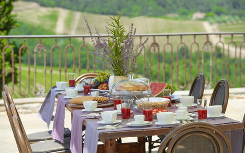 La Torre Di Panzano: Essen, Tabelle, Pflanze, Geschirr, Möbel, Stuhl, Tisch Im Freien, Tischdecke, Gartenmöbel, Teller