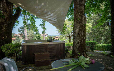 Villa Recanati, Val D'orcia, Private Pool, Jacuzzi: Pflanze, Tabelle, Blatt, Gebäude, Natur, Baum, Botanik, Schatten, Beleuchtung, Holz
