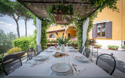 Villa Recanati, Val D'orcia, Private Pool, Jacuzzi: Tabelle, Pflanze, Geschirr, Eigentum, Möbel, Gebäude, Stuhl, Tischdecke, Dishware, Interior Design