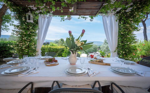 Villa Recanati, Val D'orcia, Private Pool, Jacuzzi: Tabelle, Geschirr, Pflanze, Möbel, Stuhl, Dishware, Tischdecke, Himmel, Interior Design, Dekoration