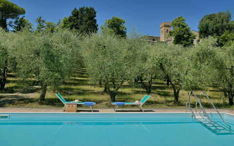 Torre Di Montelopio: Wasser, Pflanze, Himmel, Schwimmbad, Azurblau, Gartenmöbel, Baum, Gewässer, Gras, Natürliche Landschaft
