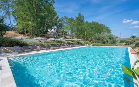 Coratina Spereto Apartment with Pool, Montaione: Wasser, Pflanze, Wasservorräte, Eigentum, Himmel, Schwimmbad, Wolke, Azurblau, Baum, Natürliche Landschaft
