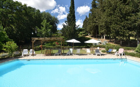 Podere Le Muricce: Wasser, Wolke, Pflanze, Himmel, Schwimmbad, Azurblau, Schatten, Baum, Stuhl, Regenschirm
