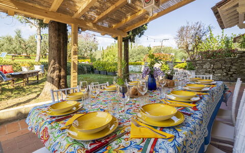 Country House Casalguidi 191 Private Pool: Tischdecke, Tabelle, Geschirr, Möbel, Linens, Dishware, Essen, Servierware, Stuhl, Esszimmer