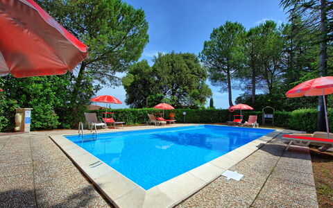 Leccino: Wasser, Pflanze, Gebäude, Schwimmbad, Schatten, Baum, Gartenmöbel, Himmel, Regenschirm, Haus