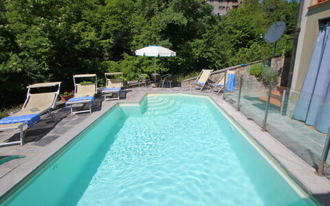 Villa La Rocca: Wasser, Eigentum, Pflanze, Schwimmbad, Gebäude, Azurblau, Baum, Stuhl, Schatten, Gartenmöbel