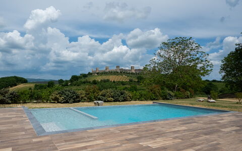 Le Volte, Borgo Campassini, Monteriggioni: Schwimmbad, Garten, Flagstone, Landscaping, Schatten, Holzboden, Walkway, Hinterhof, Gartenmöbel, Fliese