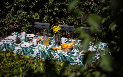 Green Hill Apartment In Tuscan Countryside: Tischdecke, Linens, Servierware, Essen, Tisch Im Freien, Dishware, Produzieren, Obst, Gartenmöbel