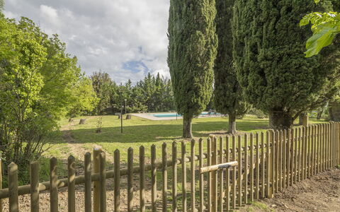 Cottage Monti with Pool: Gras, Zaun, Wiese, Kofferraum, Gehölz, Garten, Home Fechten, Wiese, Rasen