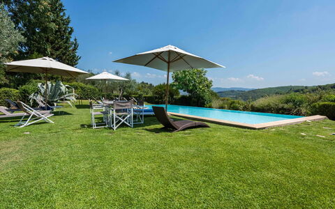Villa Belchianti: Blau, Hügel, Grundstueck, Schwimmbad, Garten, Gebirge, Rasen, Wiese, Landscaping, Gartenmöbel
