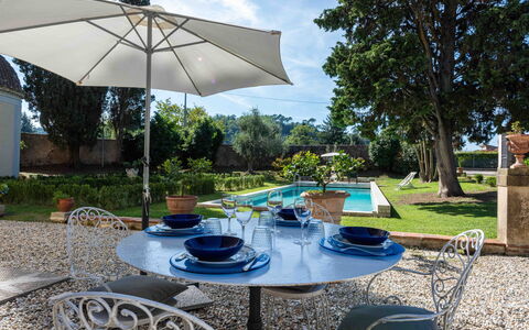 Villa Tambellini de Fondra: Möbel, Gartenmöbel, Stuhl, Tabelle, Tisch Im Freien, Garten, Regenschirm, Küche & Esszimmer Tisch, Schatten, Blumentopf