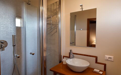 La Novellina – Historic Villa with Pool on an Orga: Bad Sink, Wand, Interior Design, Armatur, Flooring, Holz, Fussboden, Spiegel, Badezimmer, Sinken