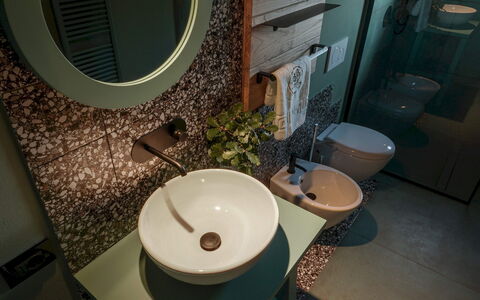 Agriresort Bacaringhe 13: Interior Design, Armatur, Bad Sink, Badezimmer, Sinken, Installation, Light Fixture, Spiegel, Zapfhahn, Zimmerpflanze