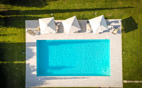 Villa Cassia: Grün, Blau, Türkis, Rechteck, Gras, Majorelle Blue, Textil, Pflanze, Schwimmbad, Kunst